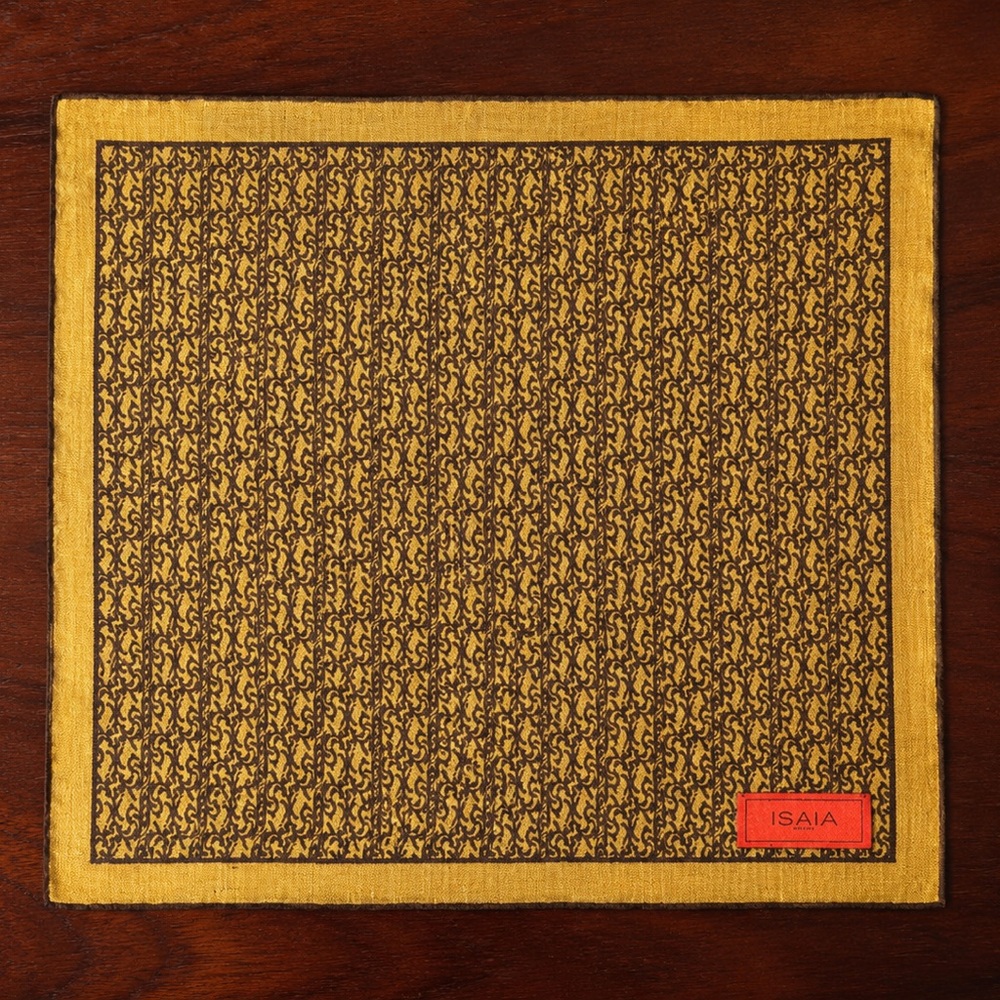 Isaia Gold and Brown Patterned Silk Pocket Square